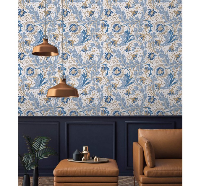 Wallpaper vintage floral ornament blue white flowers