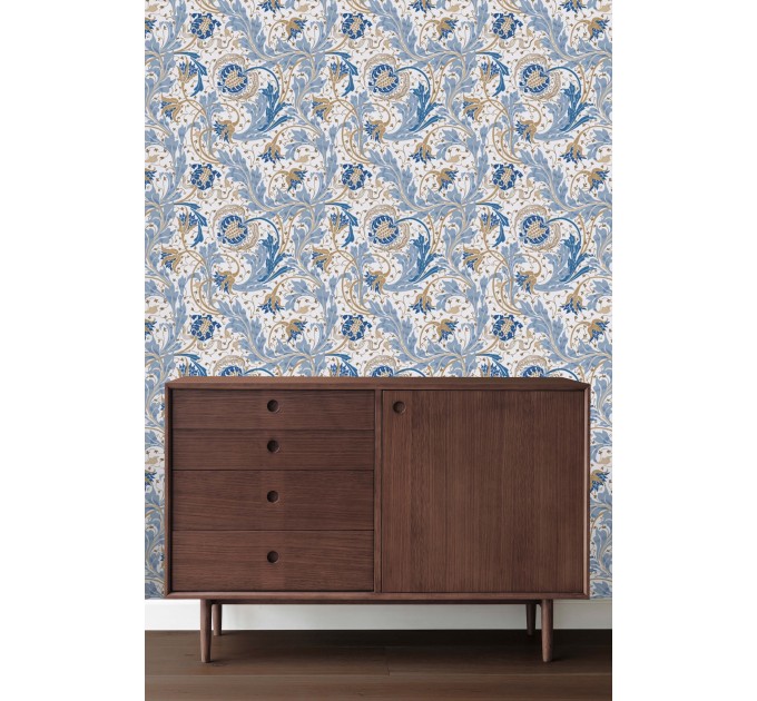 Wallpaper vintage floral ornament blue white flowers