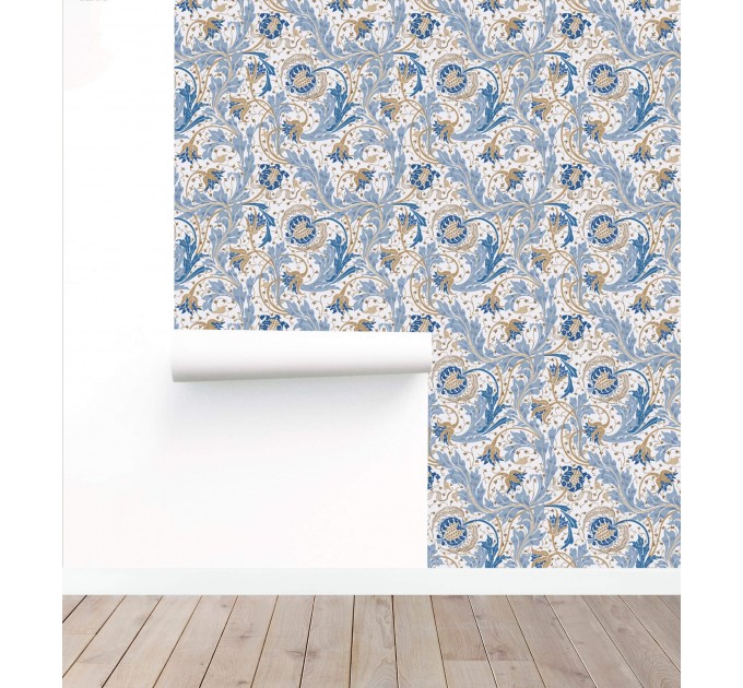Wallpaper vintage floral ornament blue white flowers