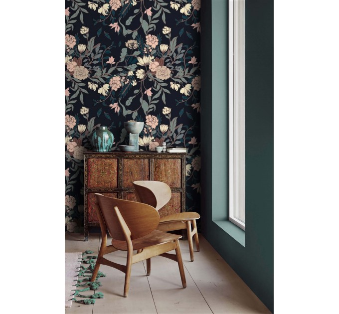 Dark vintage floral wallpaper – Elegant bloom wall covering