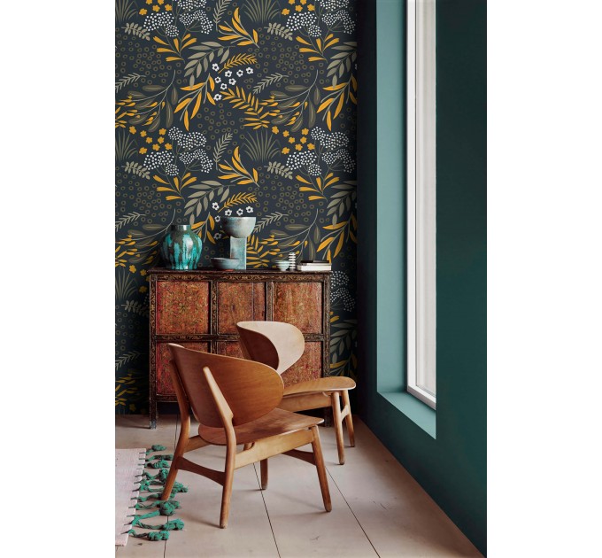 Dark botanical wallpaper leaves and herbs vintage style