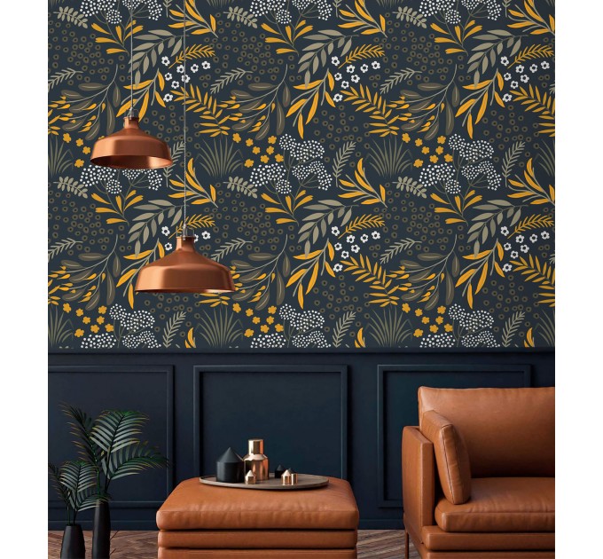 Dark botanical wallpaper leaves and herbs vintage style