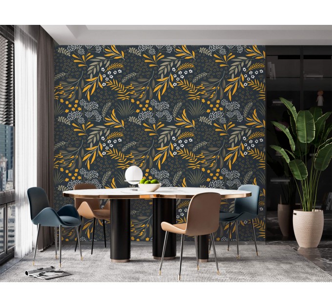 Dark botanical wallpaper leaves and herbs vintage style