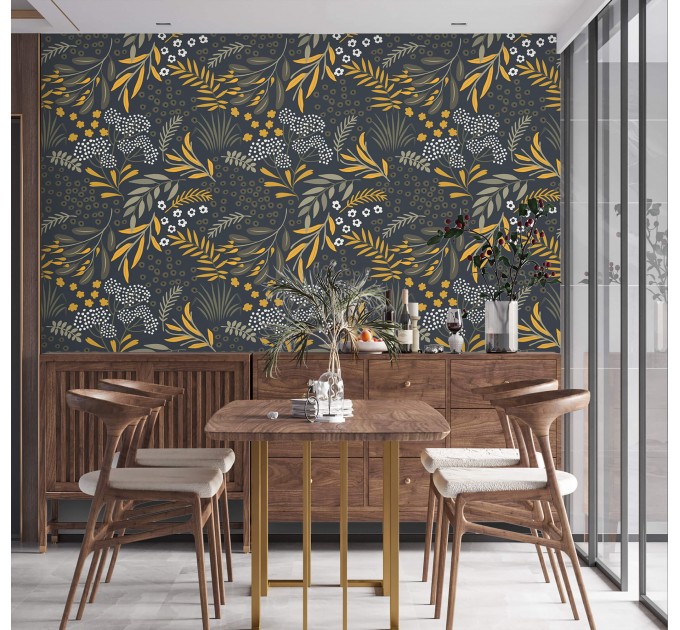Dark botanical wallpaper leaves and herbs vintage style