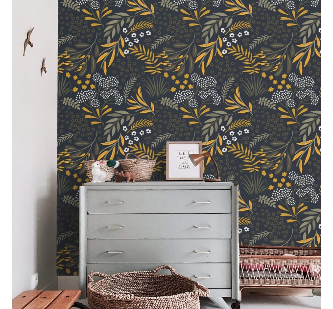 Dark botanical wallpaper leaves and herbs vintage style