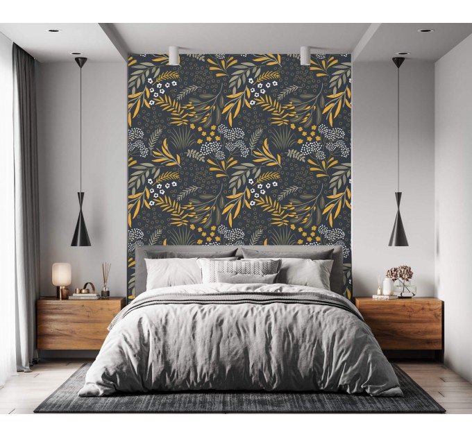 Dark botanical wallpaper leaves and herbs vintage style