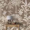 Neutral beige wallpaper tropical palms and leaves