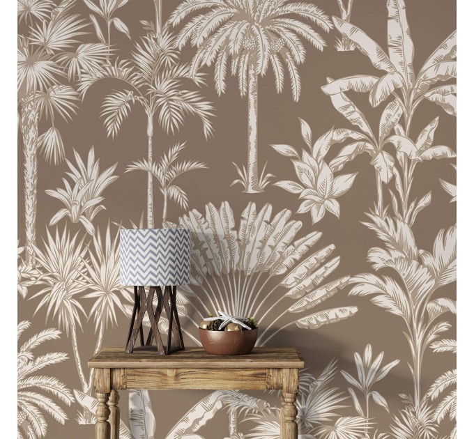 Neutral beige wallpaper tropical palms and leaves