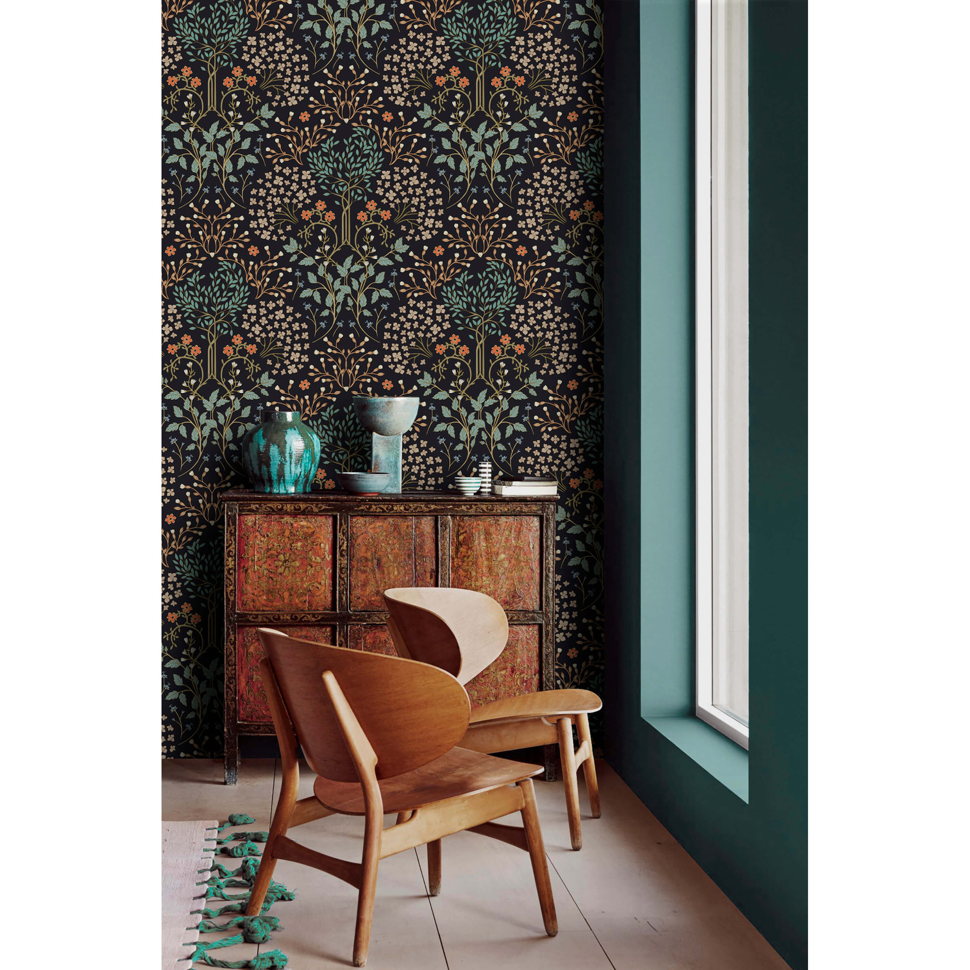 Dark vintage botanical wallpaper with wildflowers