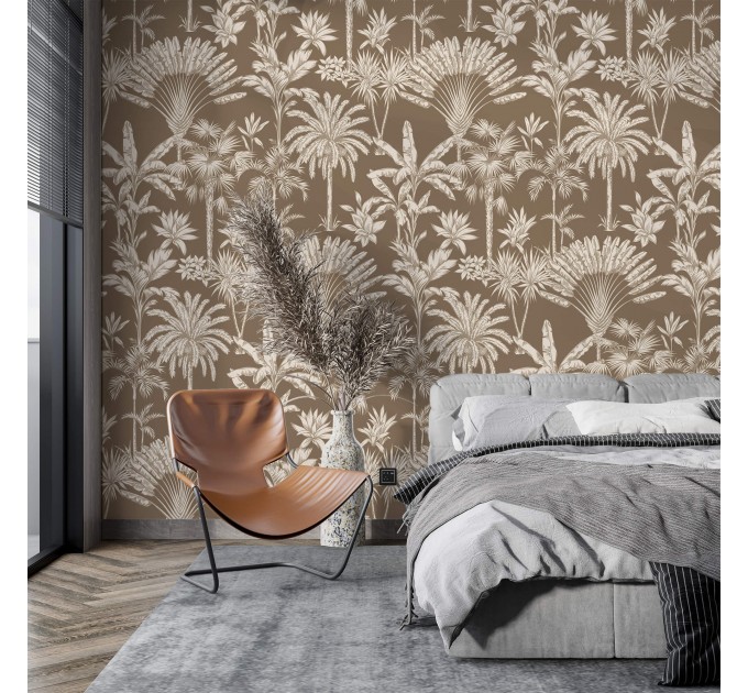 Neutral beige wallpaper tropical palms and leaves