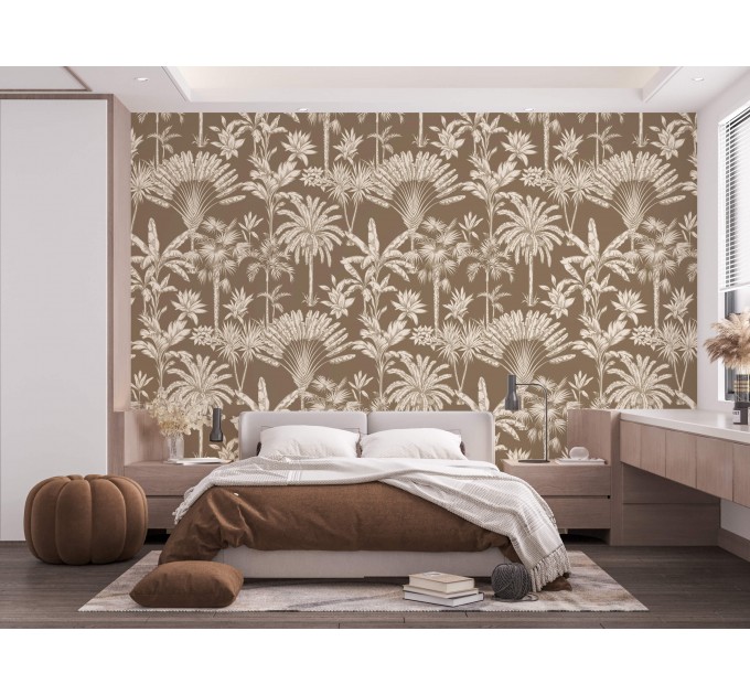 Neutral beige wallpaper tropical palms and leaves