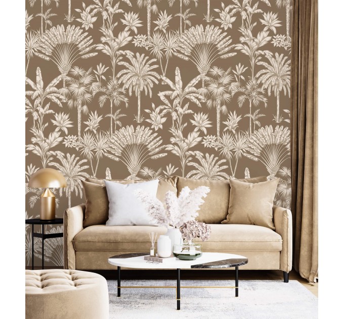 Neutral beige wallpaper tropical palms and leaves