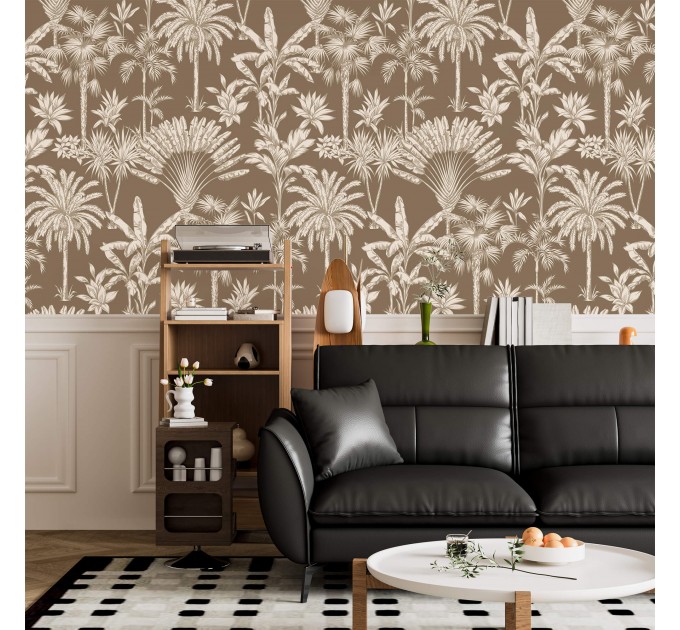 Neutral beige wallpaper tropical palms and leaves