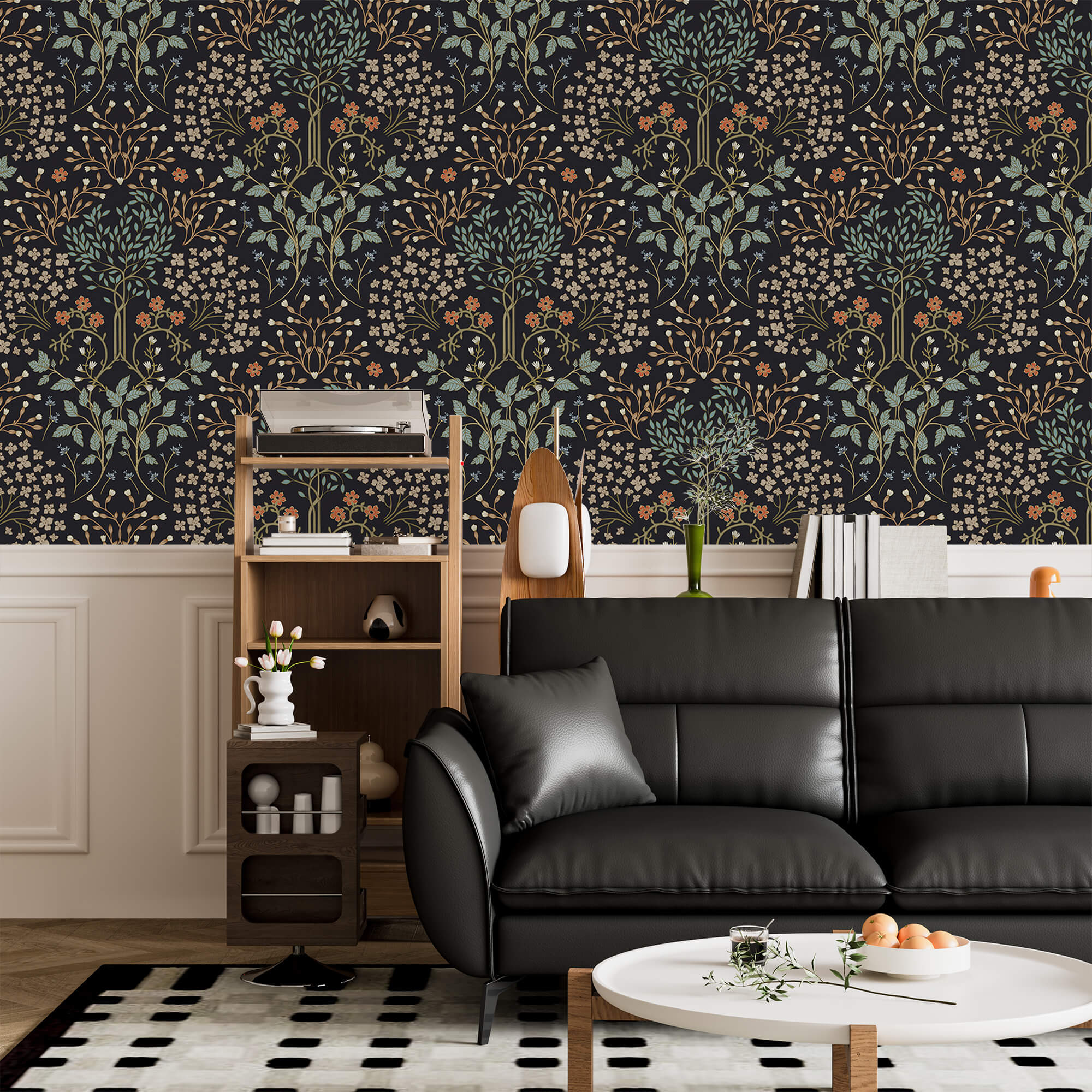 Dark vintage botanical wallpaper with wildflowers