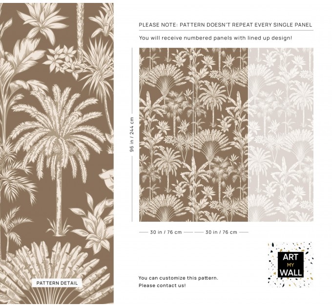 Neutral beige wallpaper tropical palms and leaves