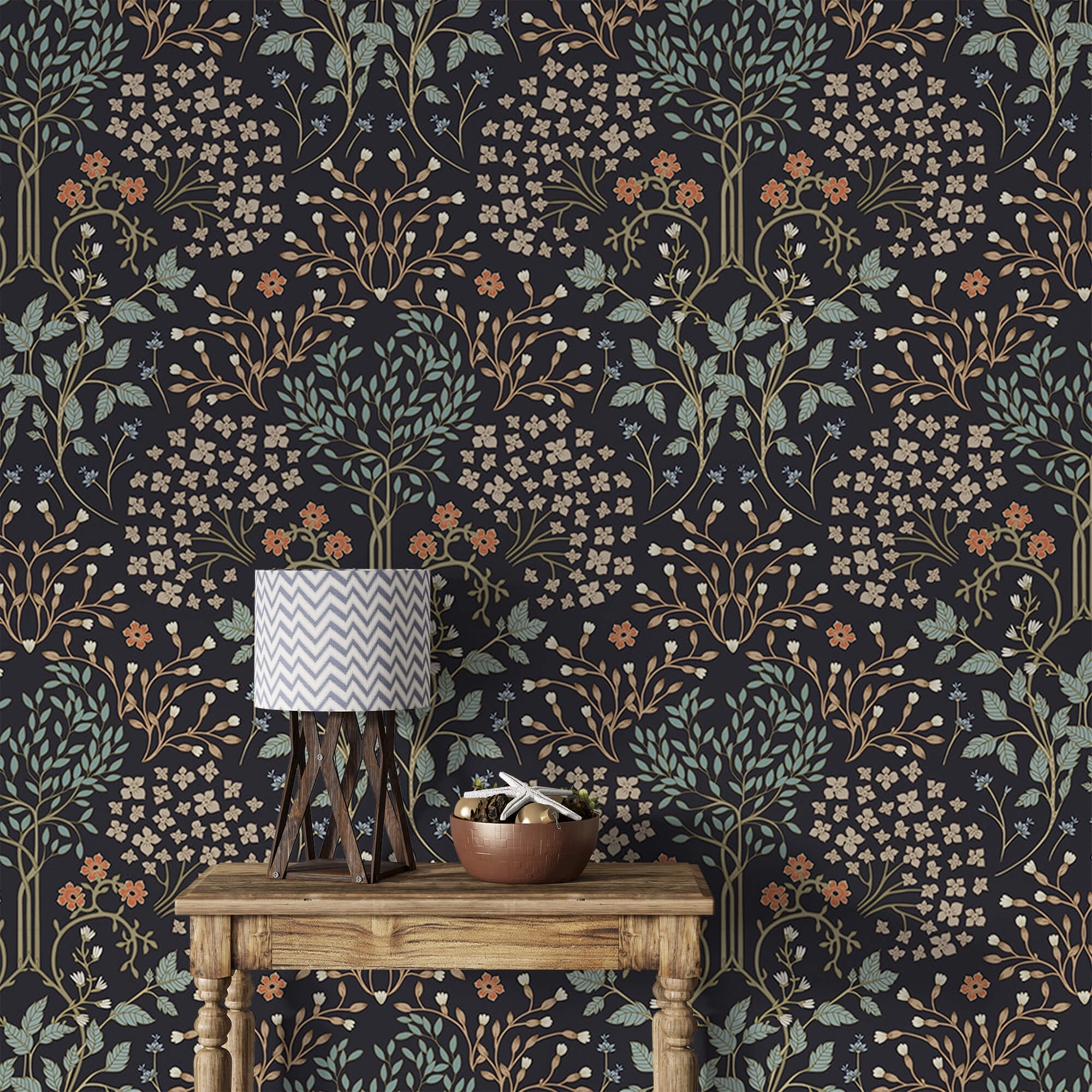 Dark vintage botanical wallpaper with wildflowers