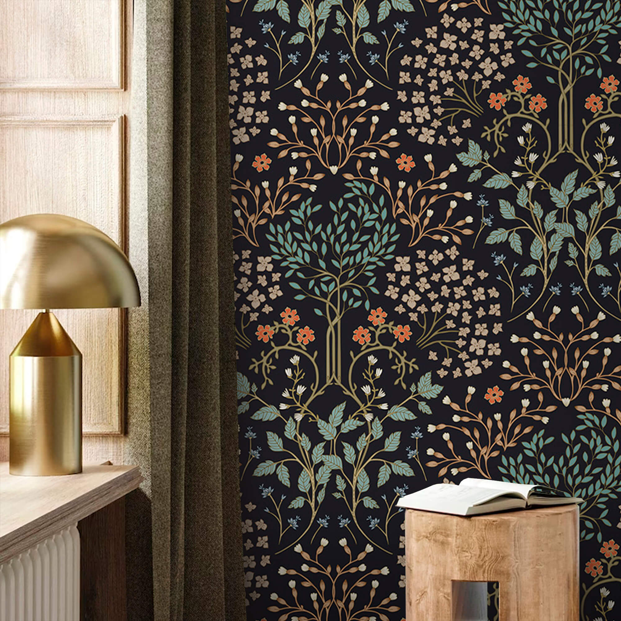 Dark vintage botanical wallpaper with wildflowers