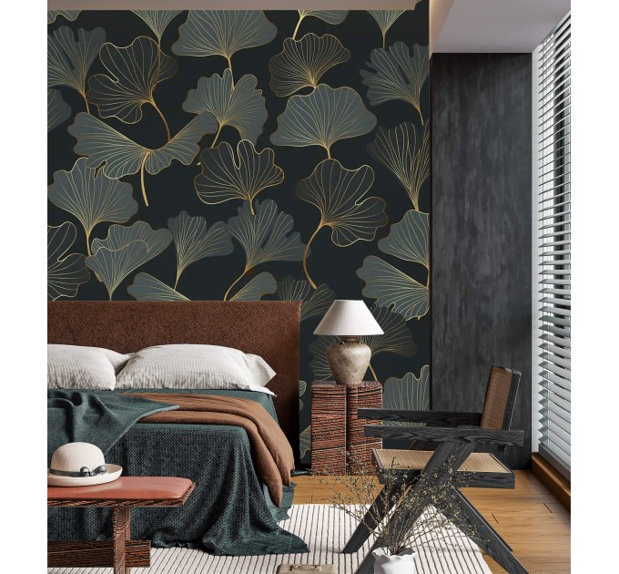Dark green wallpaper ginkgo leaves Elegant accent wallpaper
