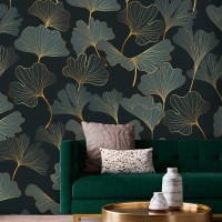Dark green wallpaper ginkgo leaves Elegant accent wallpaper