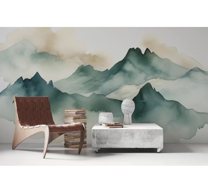 Emerald green foggy mountains wall mural