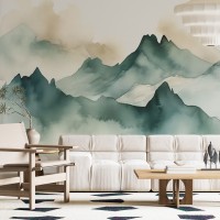 Emerald green foggy mountains wall mural