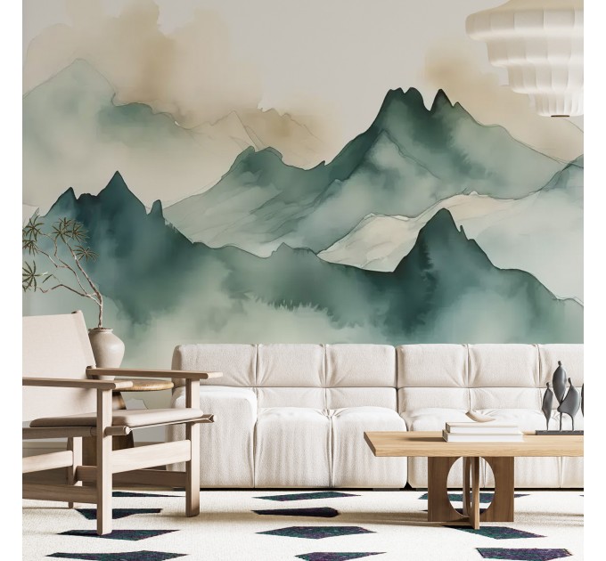 Emerald green foggy mountains wall mural
