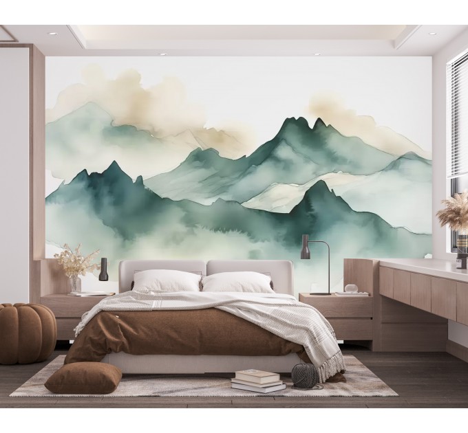 Emerald green foggy mountains wall mural