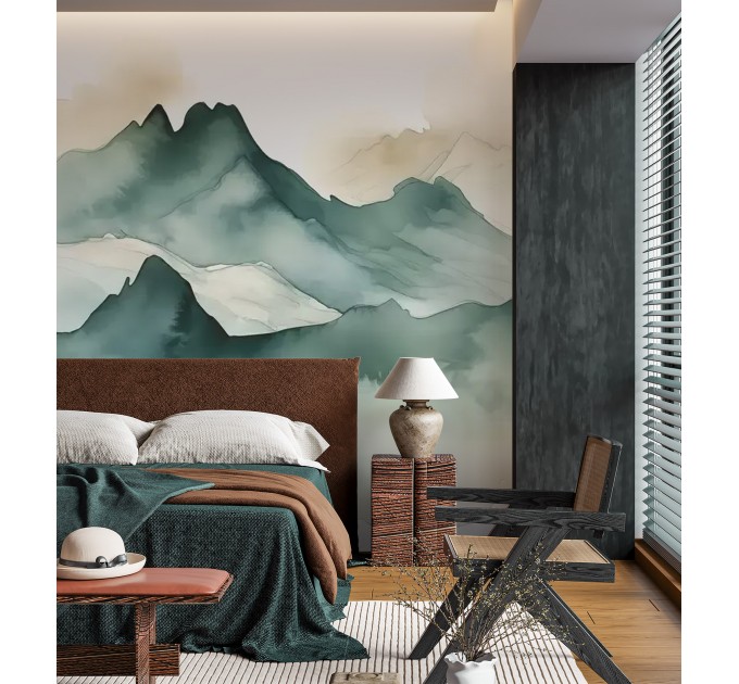 Emerald green foggy mountains wall mural