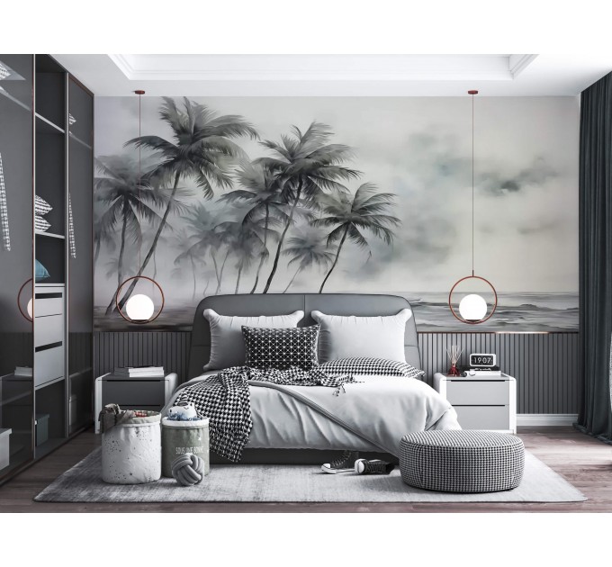 Palm trees wallpaper mural Foggy rainforest landscape