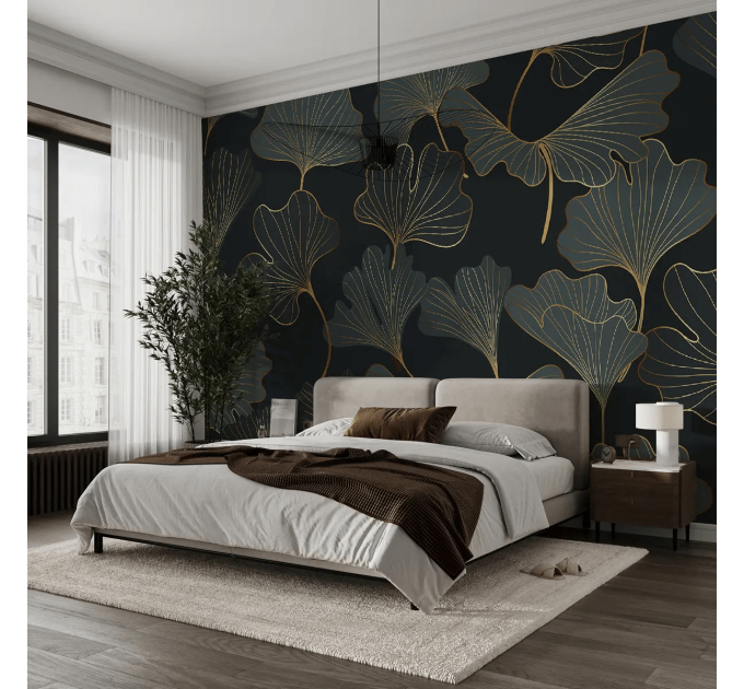 Dark green wallpaper ginkgo leaves Elegant accent wallpaper