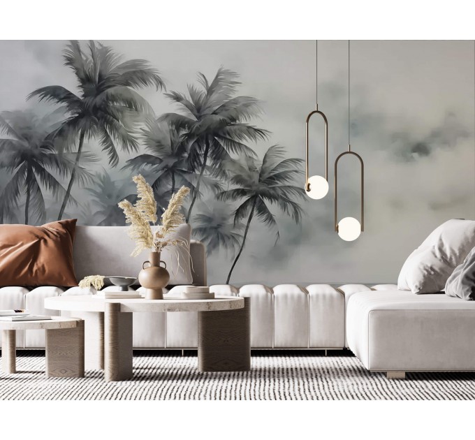 Palm trees wallpaper mural Foggy rainforest landscape