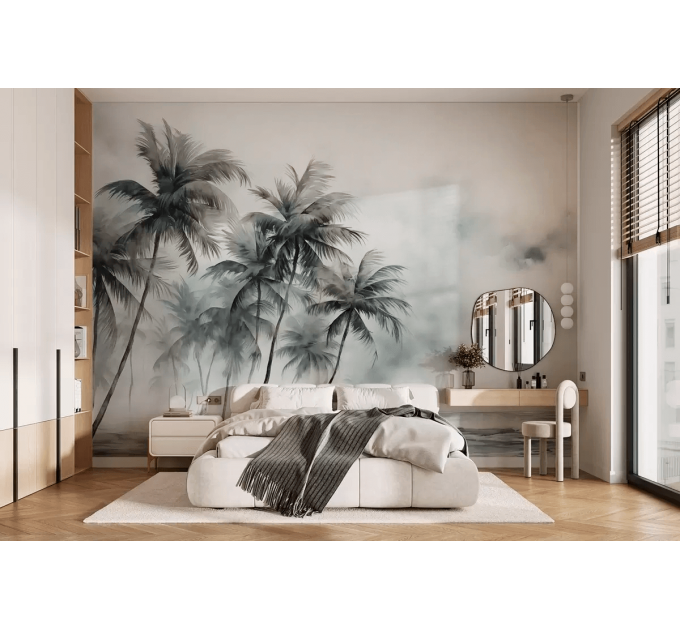 Palm trees wallpaper mural Foggy rainforest landscape