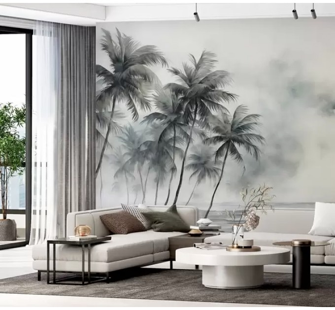 Palm trees wallpaper mural Foggy rainforest landscape