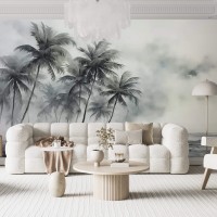 Palm trees wallpaper mural Foggy rainforest landscape