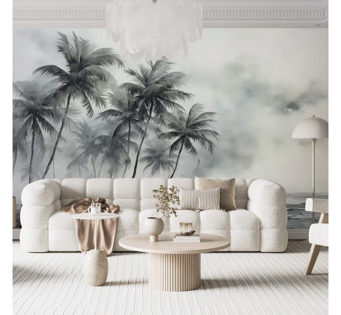 Palm trees wallpaper mural Foggy rainforest landscape