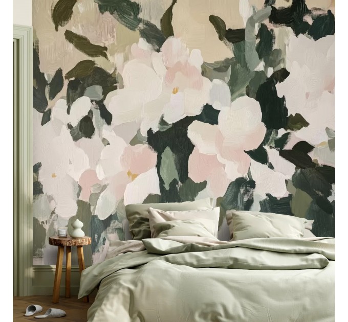 Large abstract flowers mural | Floral wallpaper oil painting