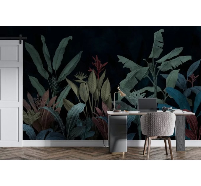 Moody tropical wall mural palms and leaves