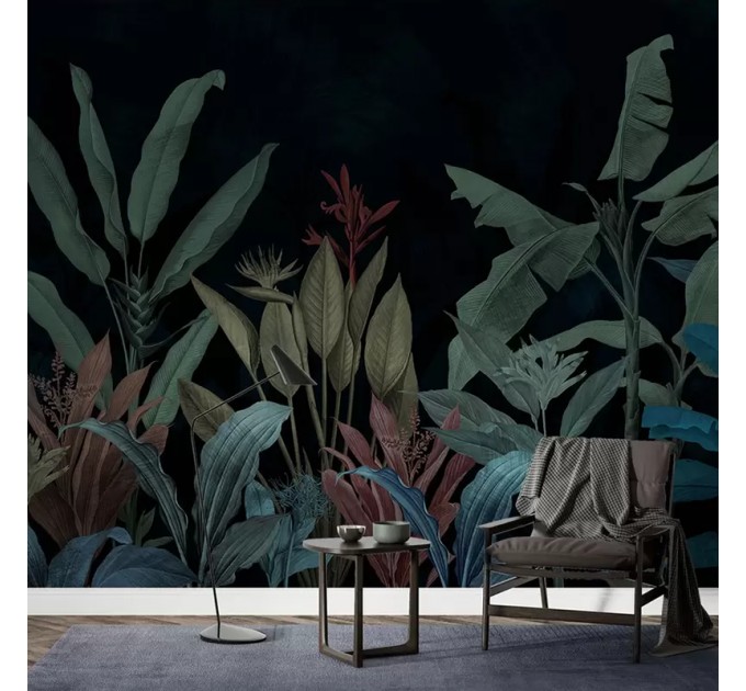 Moody tropical wall mural palms and leaves