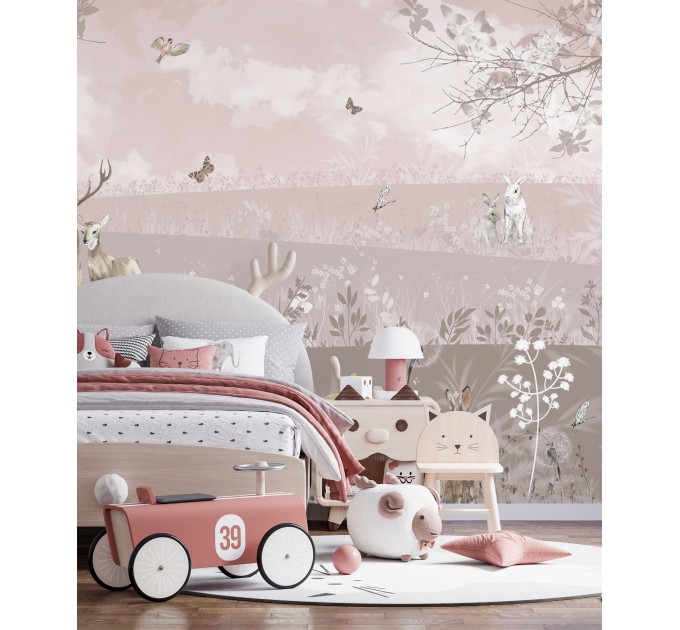 Girl's room wall mural Pastel landscape with animals