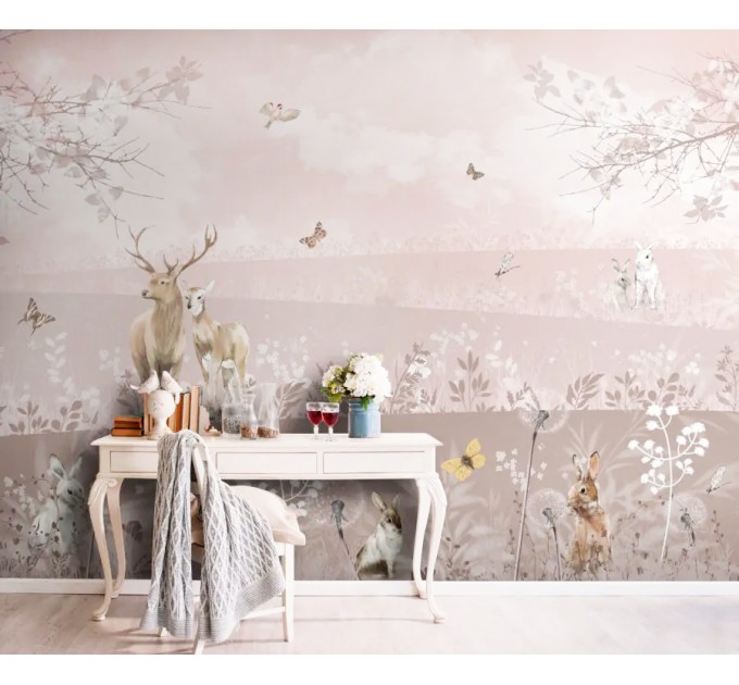 Girl's room wall mural Pastel landscape with animals