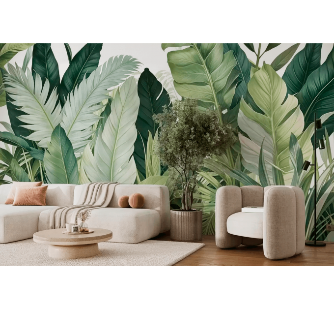Large leaves botanical mural Peel and stick accent wallpaper