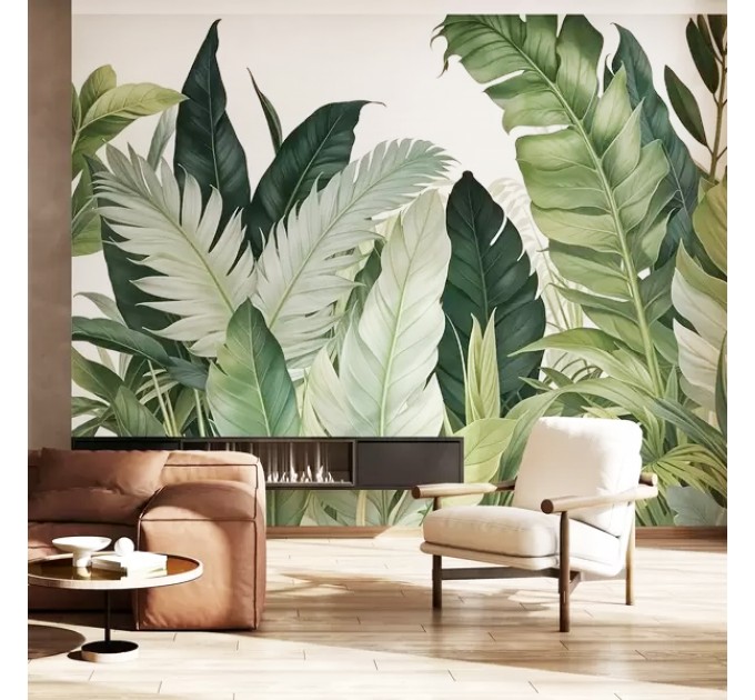 Large leaves botanical mural Peel and stick accent wallpaper