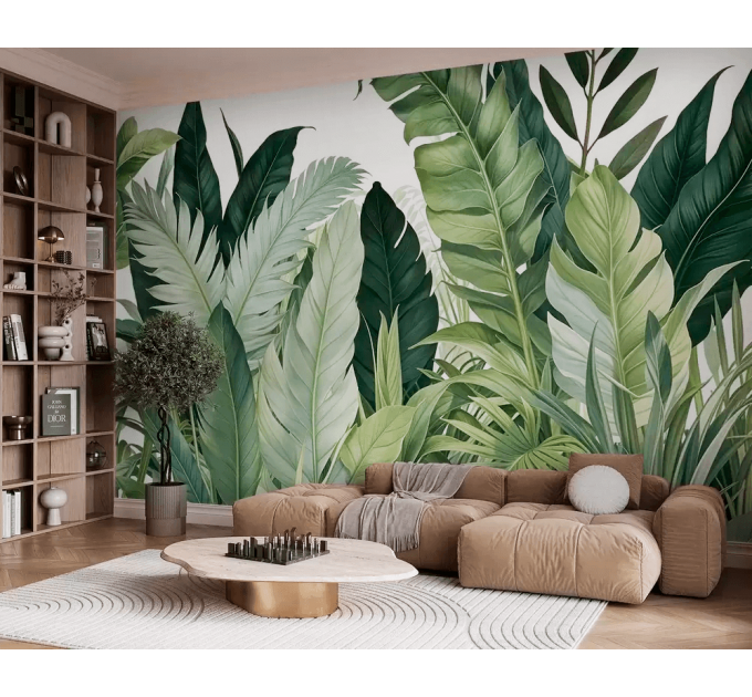 Large leaves botanical mural Peel and stick accent wallpaper