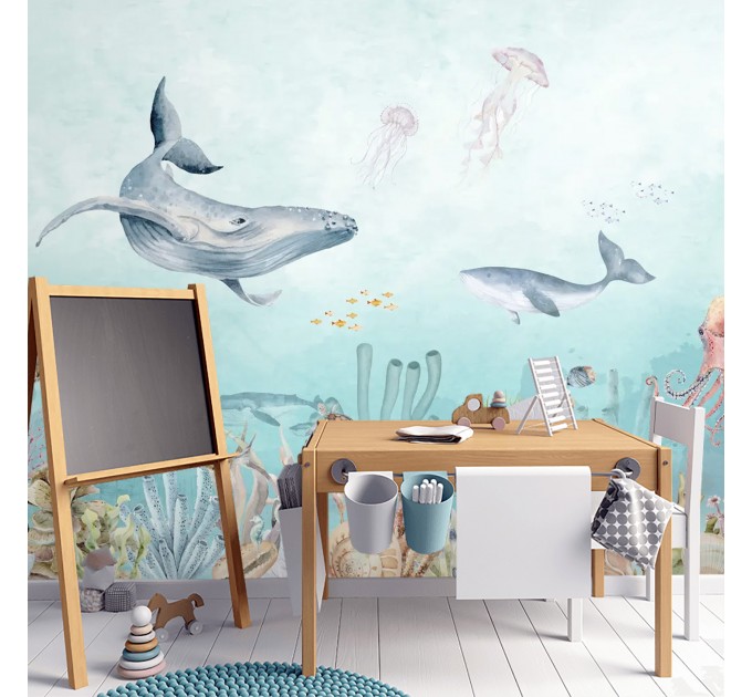 Underwater world with whale Kids marine wall mural