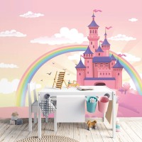 Girls room castle wall mural with rainbow