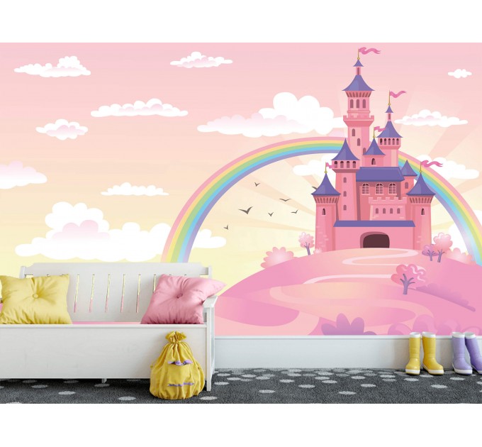 Girls room castle wall mural with rainbow