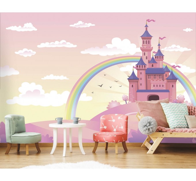 Girls room castle wall mural with rainbow