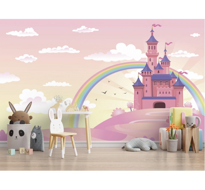 Girls room castle wall mural with rainbow