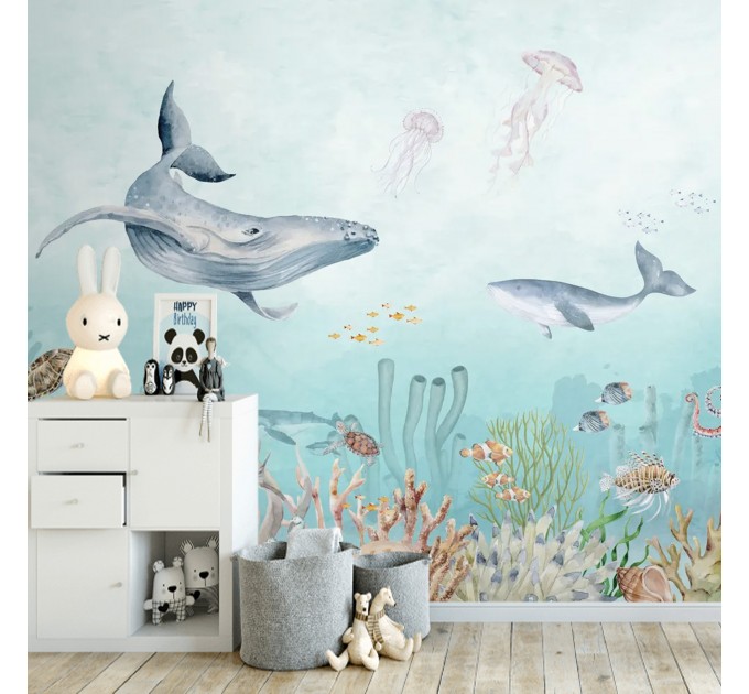 Underwater world with whale Kids marine wall mural