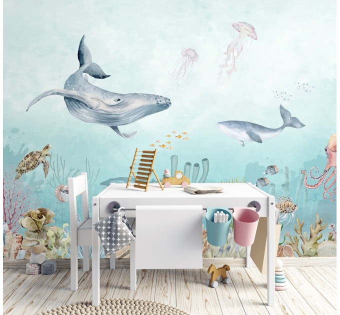 Underwater world with whale Kids marine wall mural